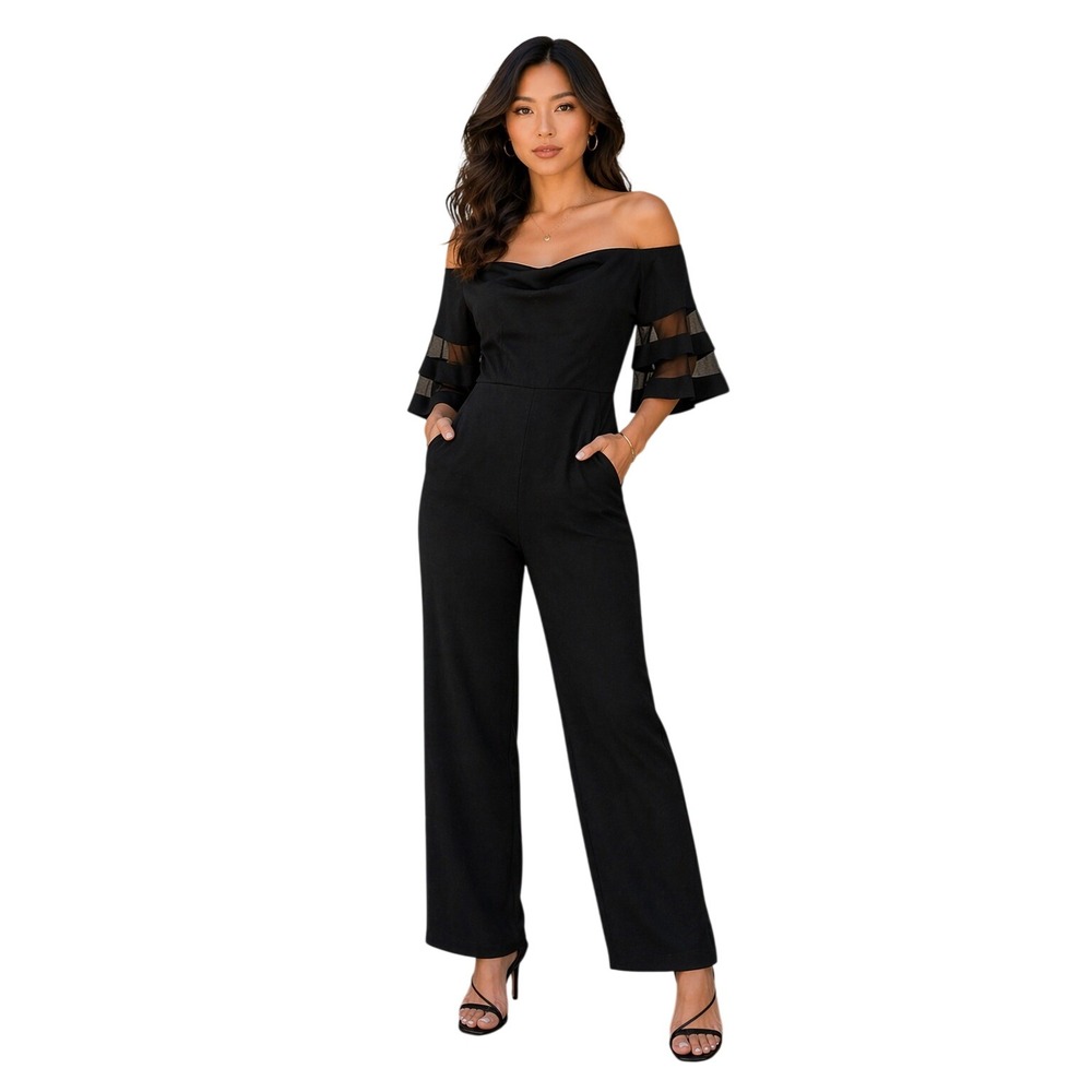 Premier Amour Jumpsuit Black Mesh Bell Sleeve Off Shoulder - 12